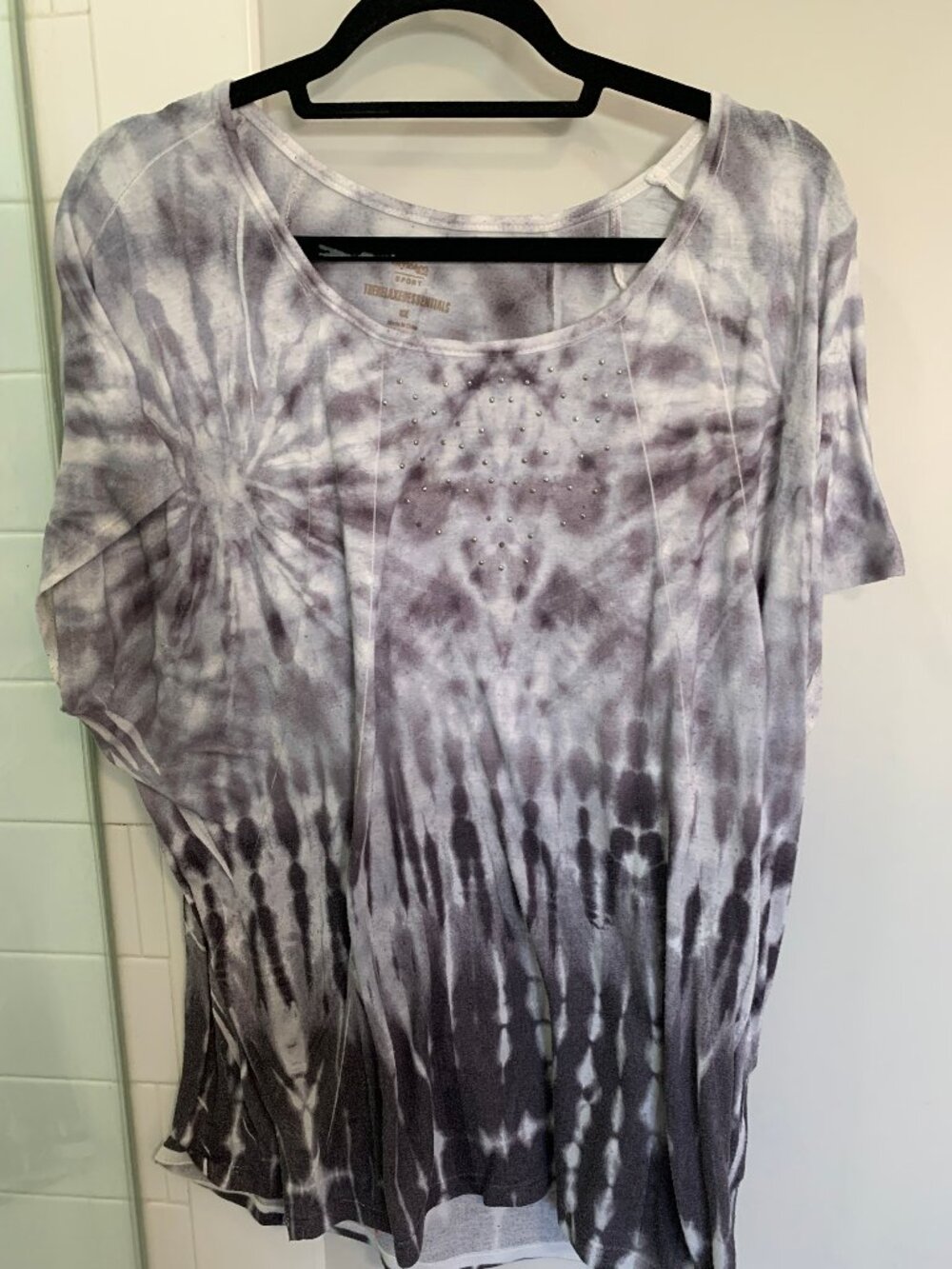 Style & Co Sport Women Gray Tie Dye Studded Short Sleeve T-Shirt Top size 0X